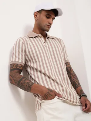 product luxury indulgence earthy colors Men's Beige Striped Cotton T-Shirt