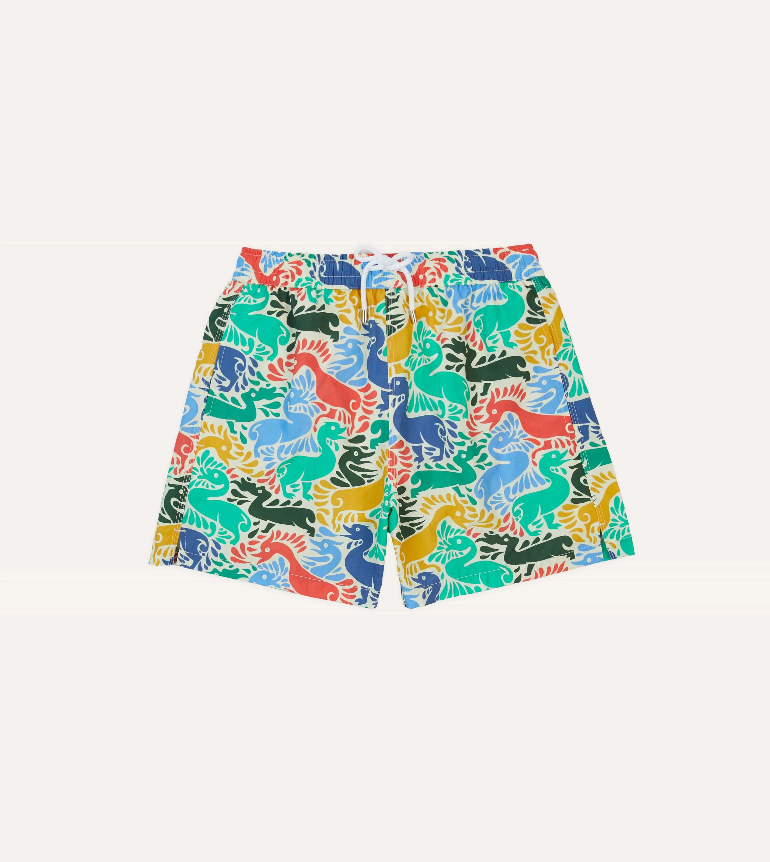 Breezy Motion Wide Leg Silhouette Ducks Print Nylon Drawstring Swim Shorts