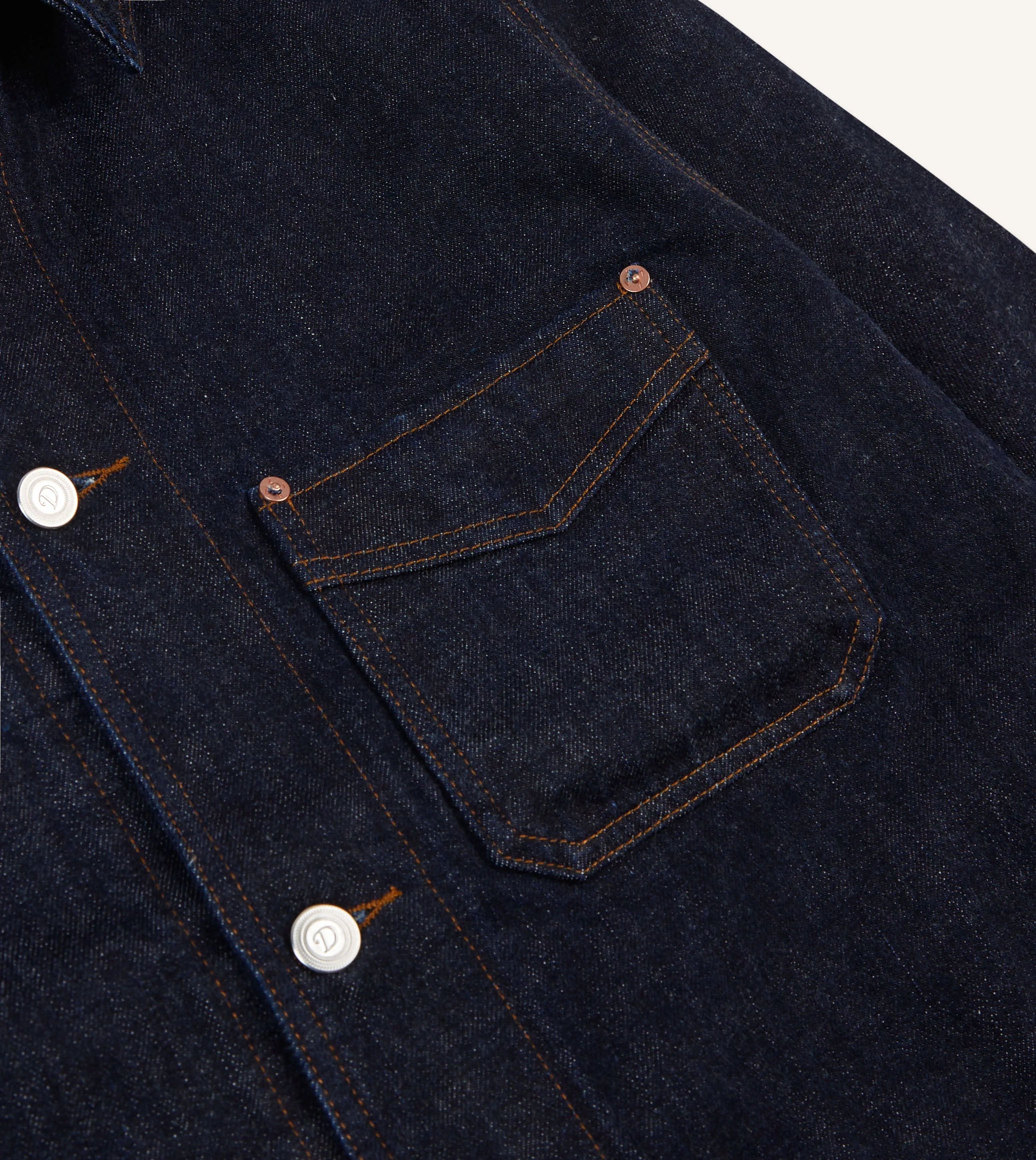 Indigo Rinse Denim Five-Pocket Chore Jacket Cool Season Smooth Flat Collar