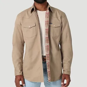 Wrangler Men's Flannel Lined Solid Work Shirt in Dune Stretch Knit