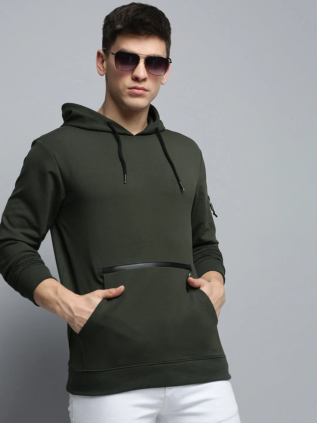marbled Winter Wear Men's Green Solid Casual Hoodie