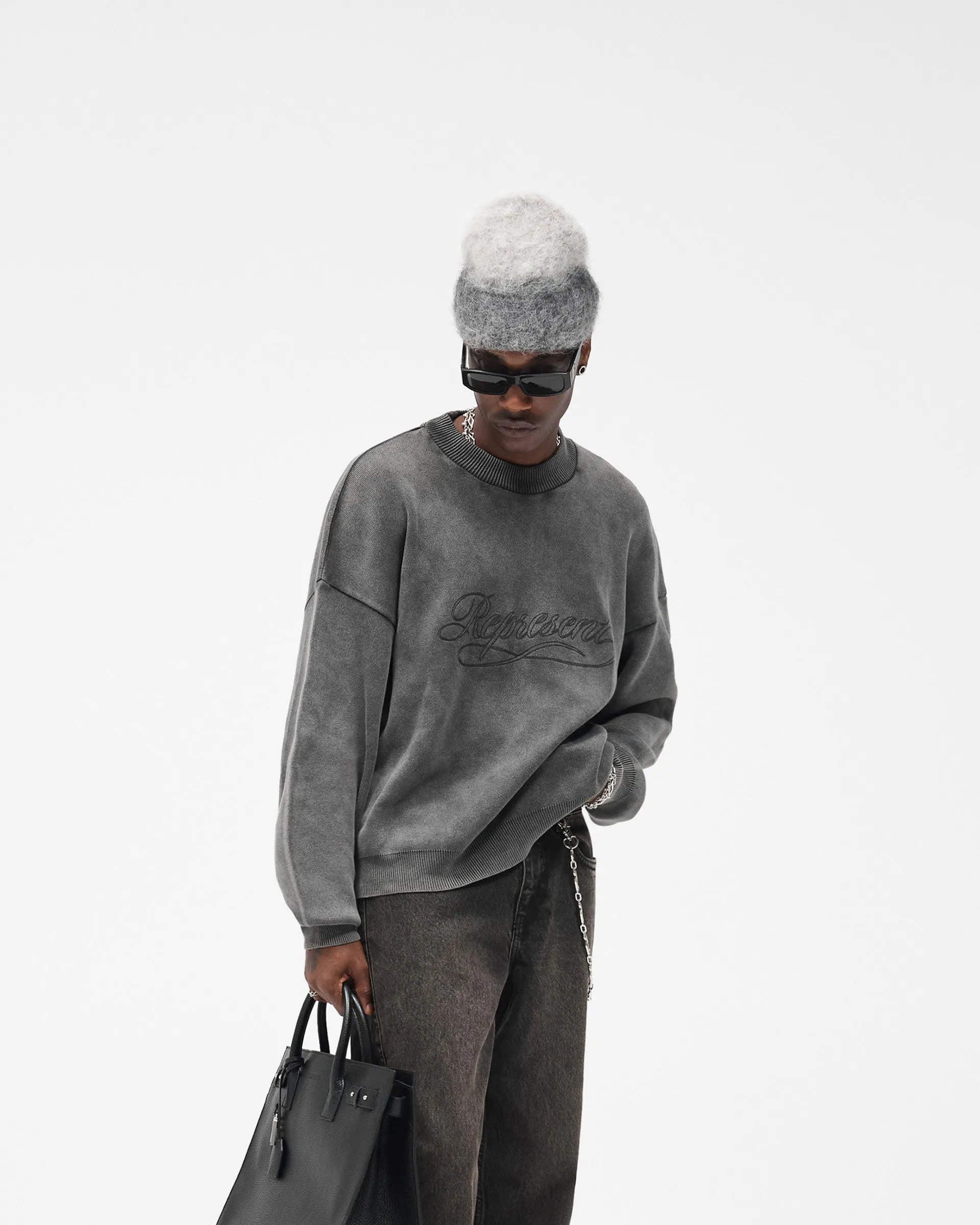 Mood Wear Ventilated Armhole Design Stamped Sweater - Vintage Grey