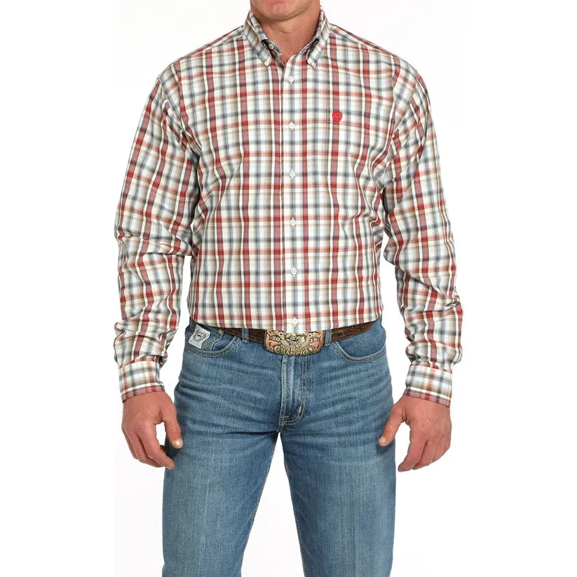 Comfy Active Fit Cinch Men's L/S Classic Fit Plaid Western Button Down Shirt in Cream