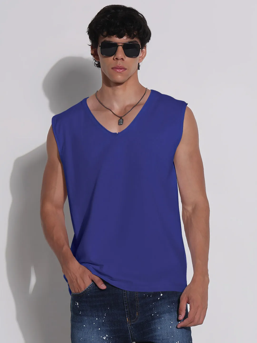 Fashion Accessory Men's Blue V-Neck Vest Sleeveless T-Shirt