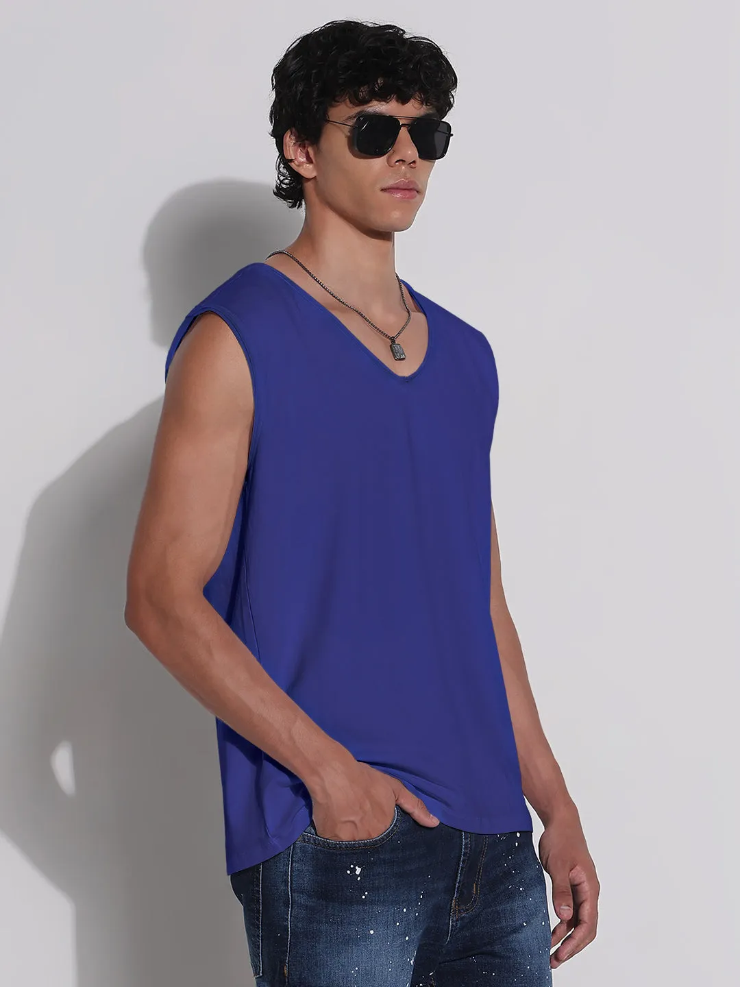 Weekend Wear Flex Fit Men's Blue V-Neck Vest Sleeveless T-Shirt