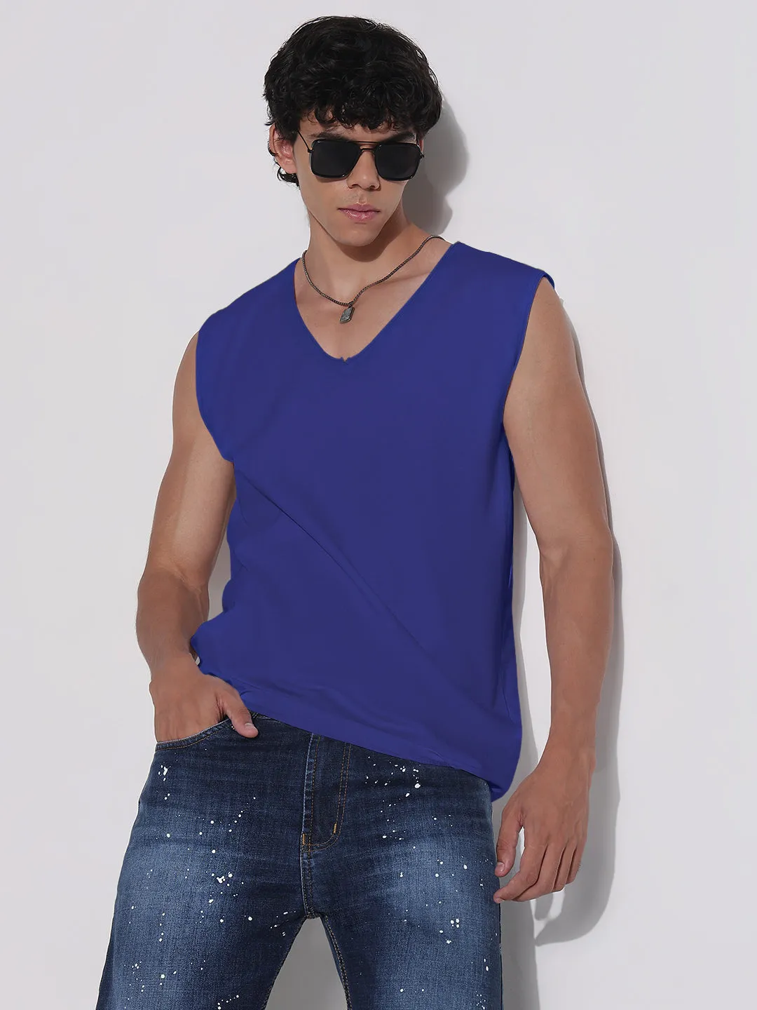 Easy Layering Men's Blue V-Neck Vest Sleeveless T-Shirt