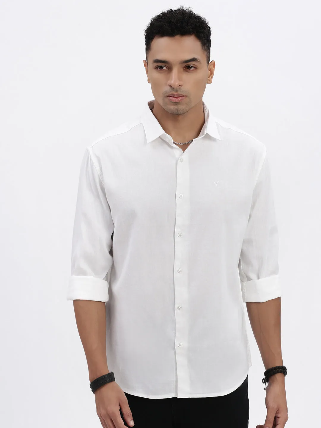 Men's White Premium Spread Collar Solid Cotton Slim Fit Casual Shirt Casual Shirt