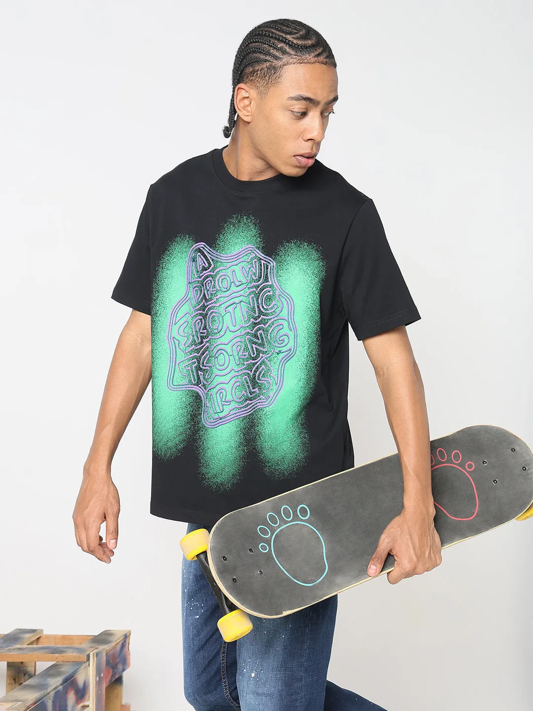 FourWay Stretch MultiDirectionalFlex Men's Black & Green Typography T-Shirt