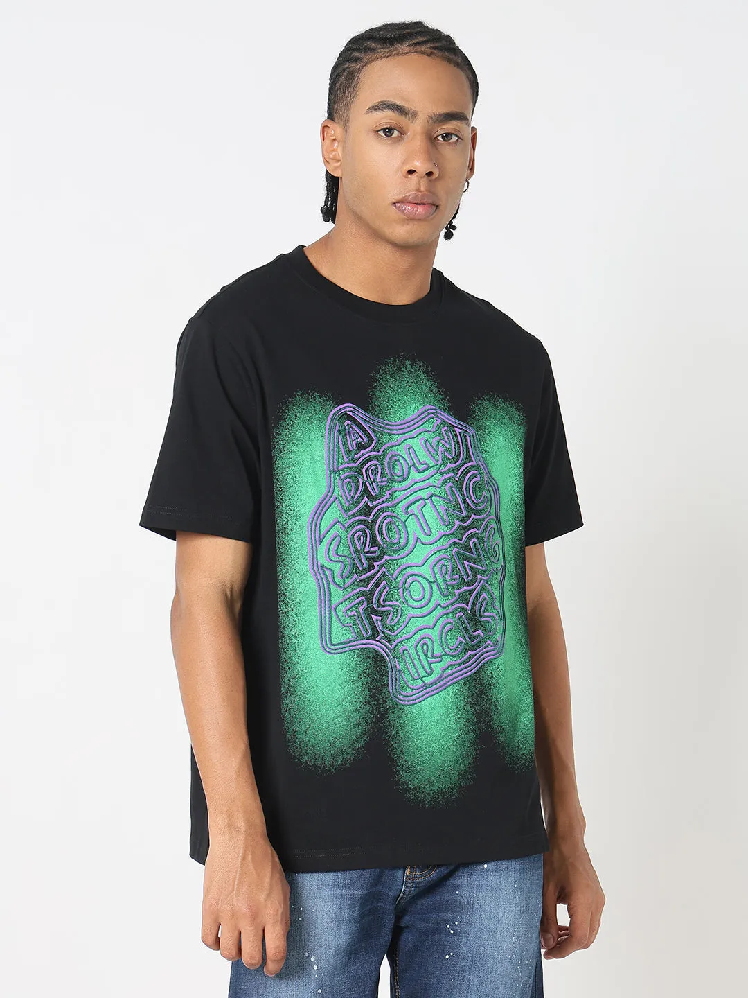 Men's Black & Green Typography T-Shirt Bold Core Soft Blouse