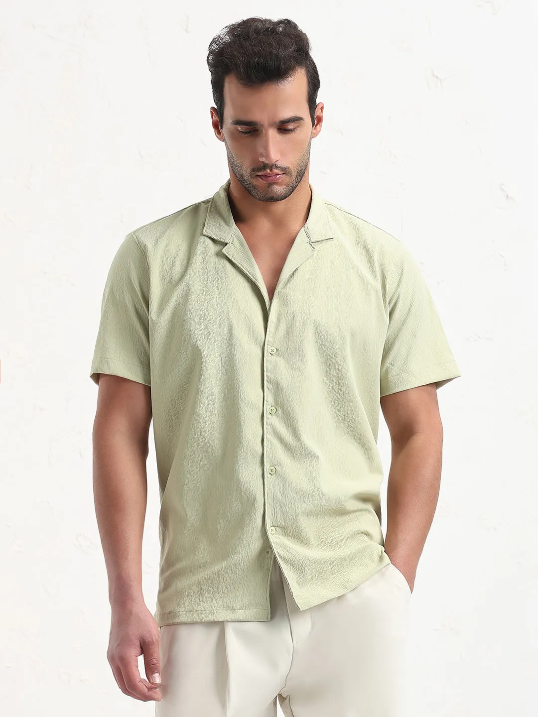 Men's Green Cuban Collar Solid Relaxed Fit Shirt WaterResistant Coating