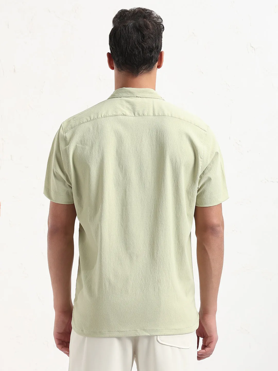 Men's Green Cuban Collar Solid Relaxed Fit Shirt Trust Glow