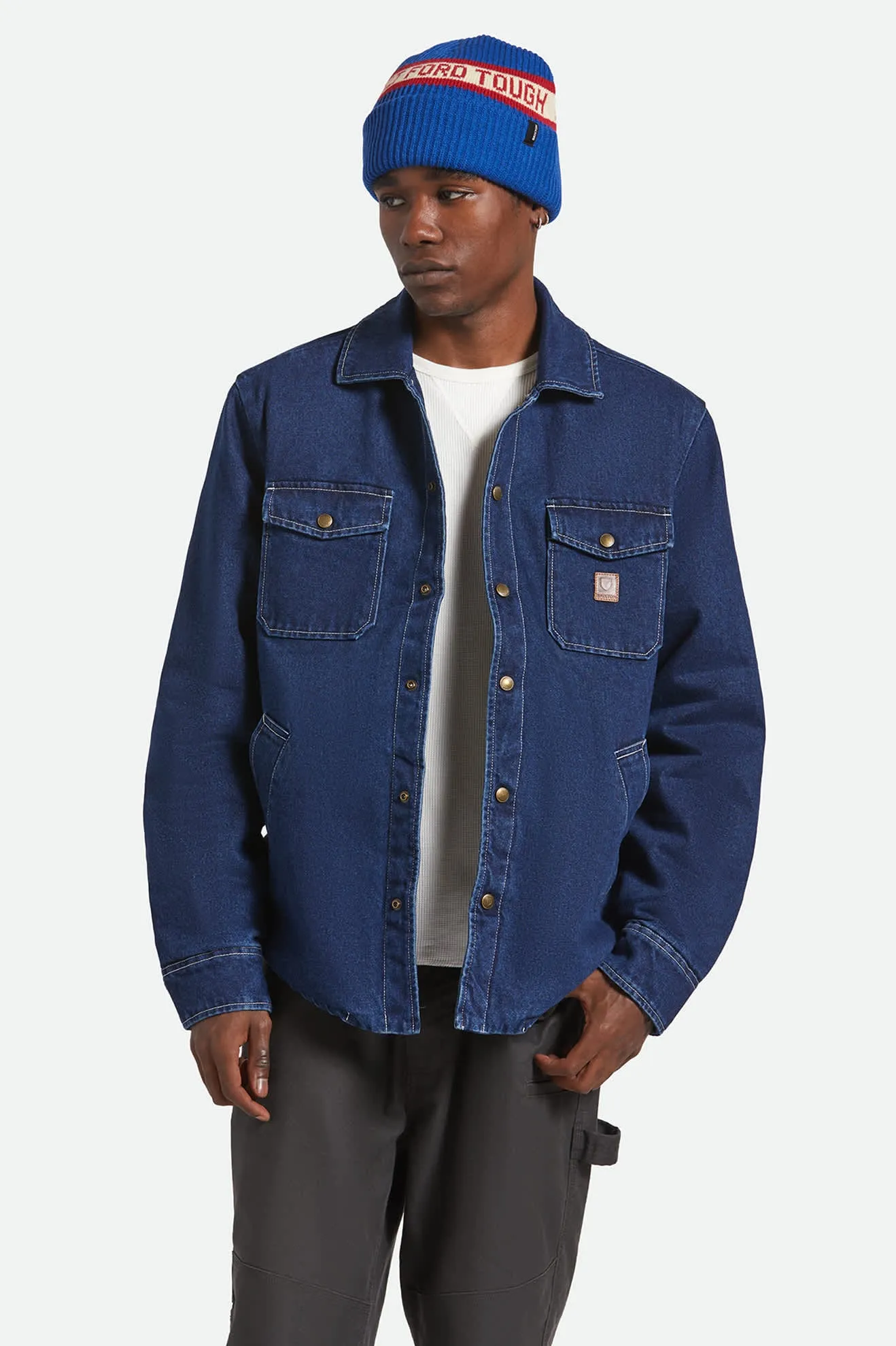 Durham Sherpa Lined Jacket - Medium Wash Denim Waterproof Zipper Closure Nylon Shell Construction