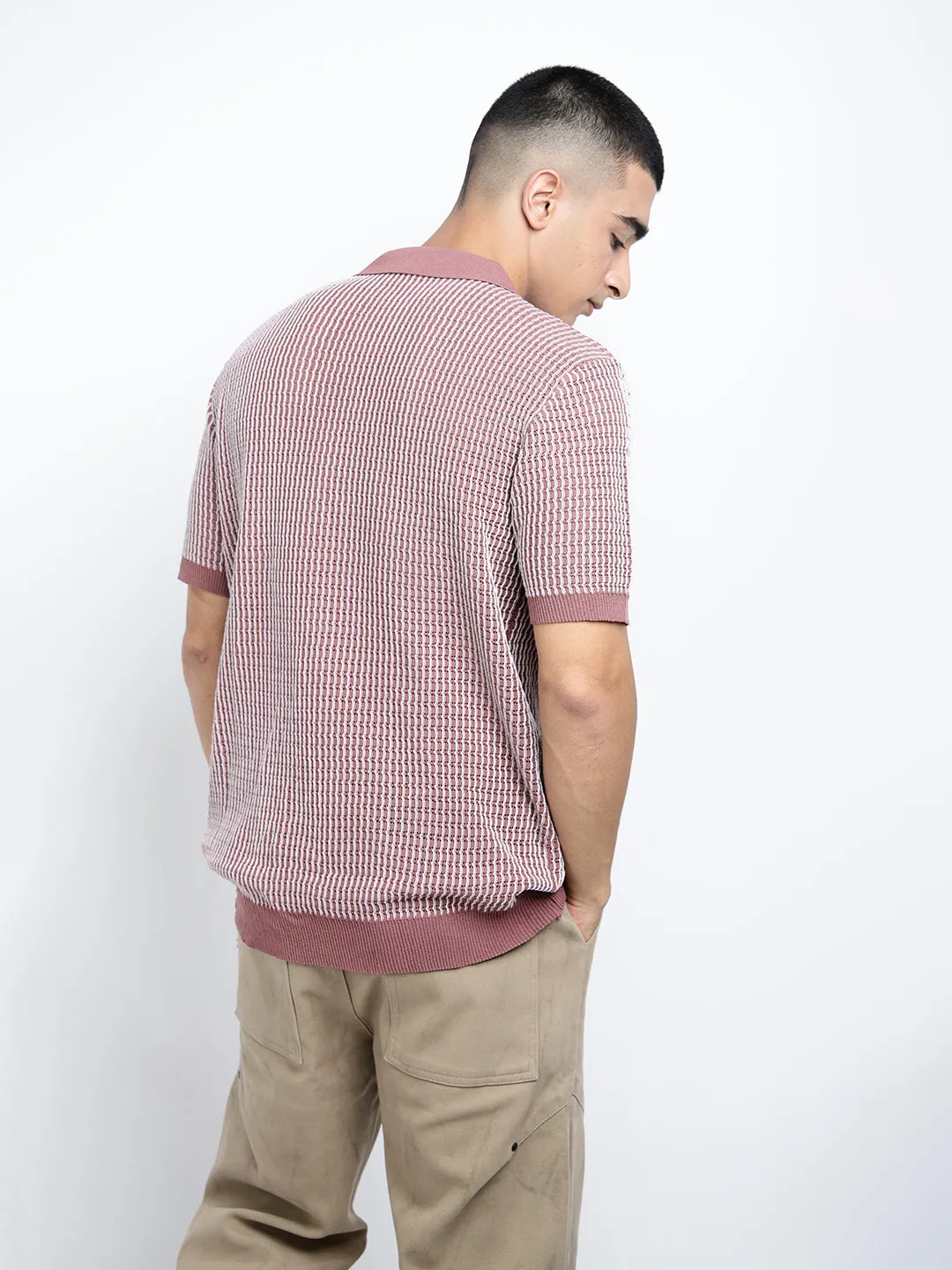 Next Core Men's Striped Mauve Short Sleeves Polo Collar Regular Fit T-Shirt with Zip Details