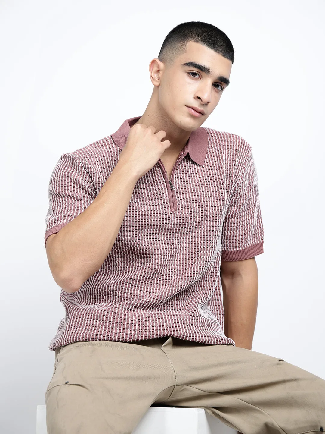 Men's Striped Mauve Short Sleeves Polo Collar Regular Fit T-Shirt with Zip Details Sporty Style