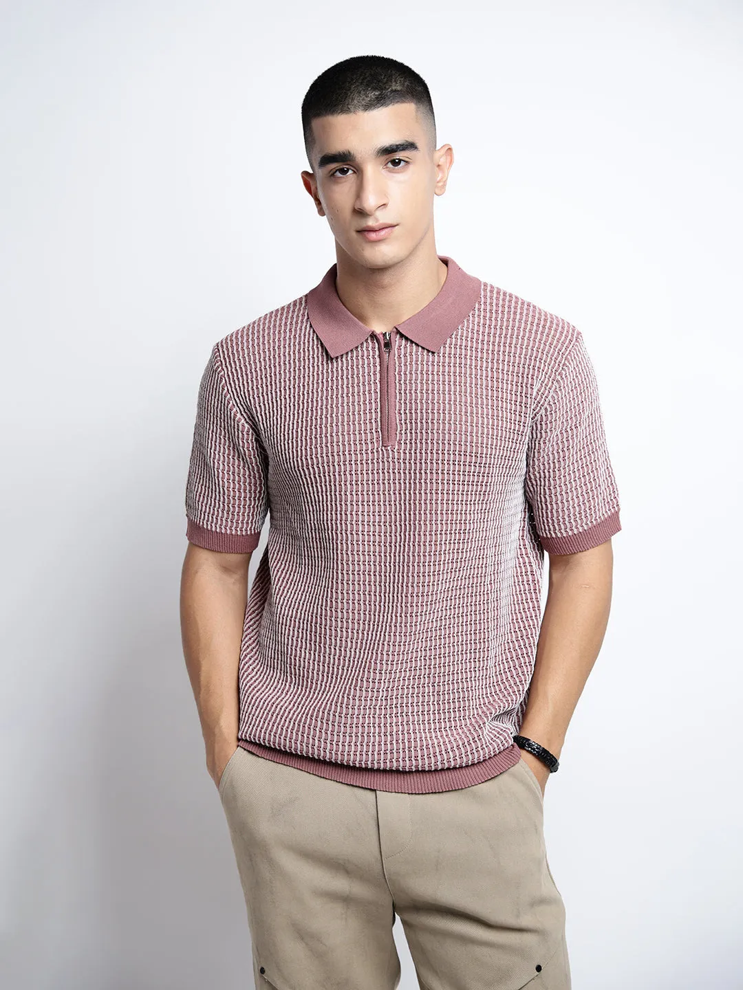 MultiPocket System Men's Striped Mauve Short Sleeves Polo Collar Regular Fit T-Shirt with Zip Details