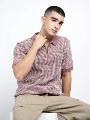 Men's Striped Mauve Short Sleeves Polo Collar Regular Fit T-Shirt with Zip Details Sporty Style