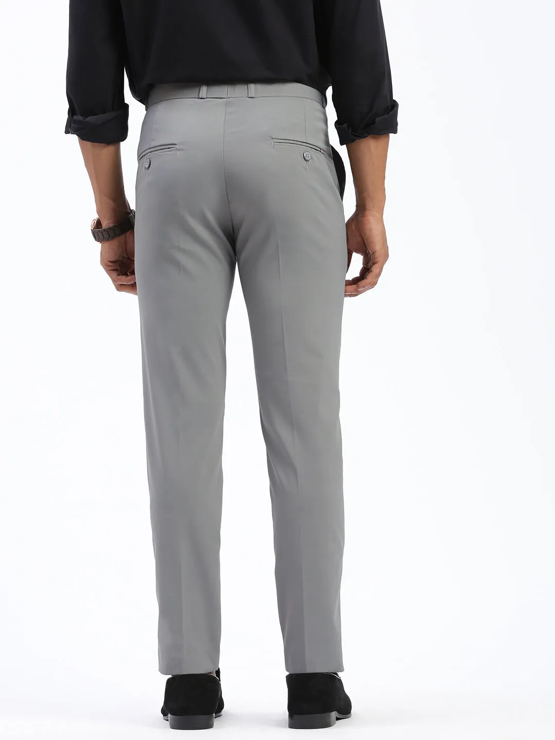 Men's Grey Comfort Slim Fit Low-Rise Trousers Casual Performance Fit