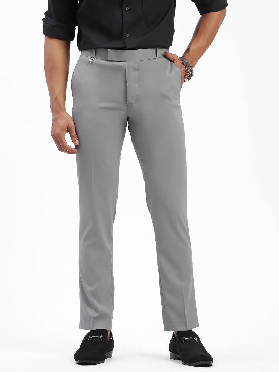 Stretchable Men's Grey Comfort Slim Fit Low-Rise Trousers