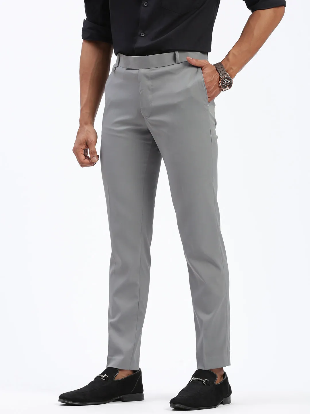Men's Grey Comfort Slim Fit Low-Rise Trousers No Ride Up