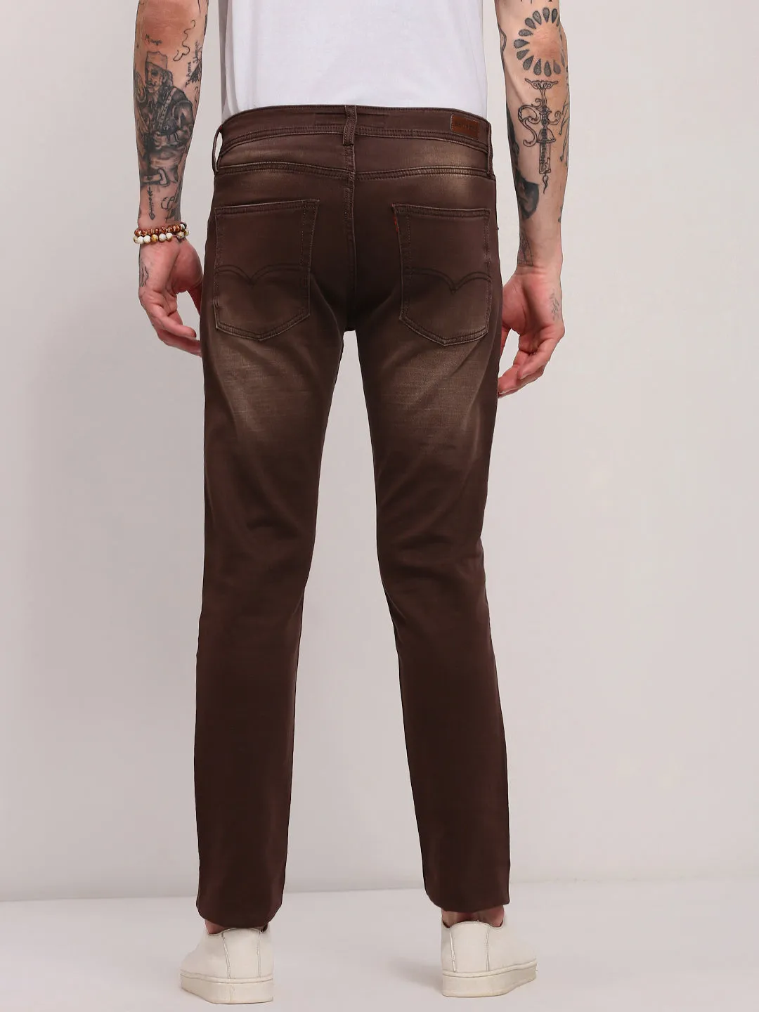 Men's Brown Slim Fit Jeans Functional Waistband