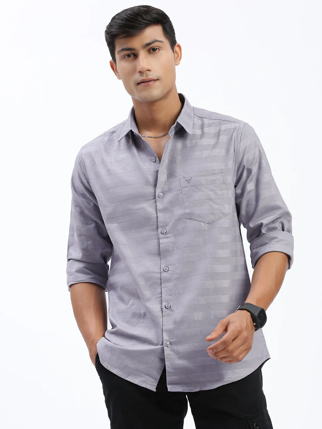 Comfortable Shoes Craft Edge Men's Grey Standard Spread Collar Textured Cotton Casual Shirt