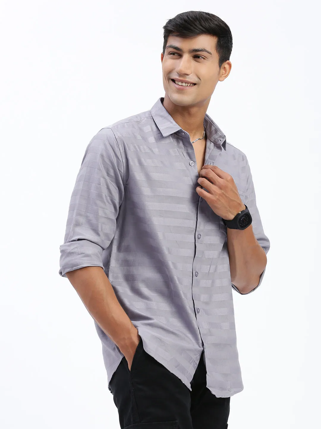 Smooth Edge Binding Men's Grey Standard Spread Collar Textured Cotton Casual Shirt