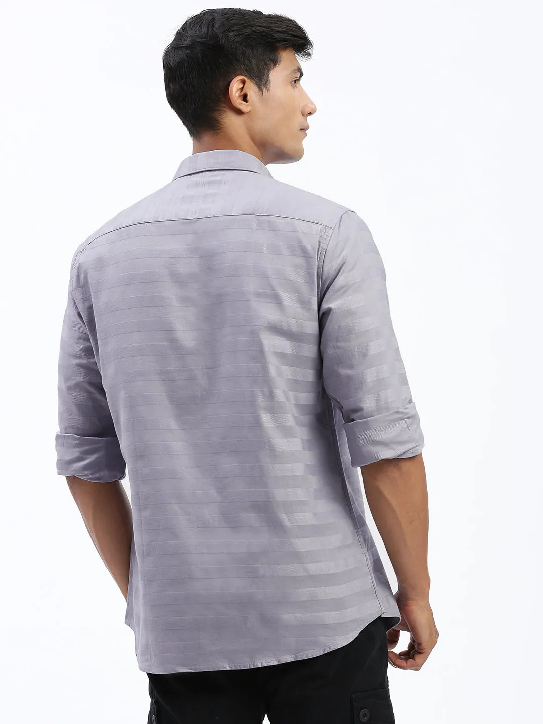 Sheer Glow Men's Grey Standard Spread Collar Textured Cotton Casual Shirt