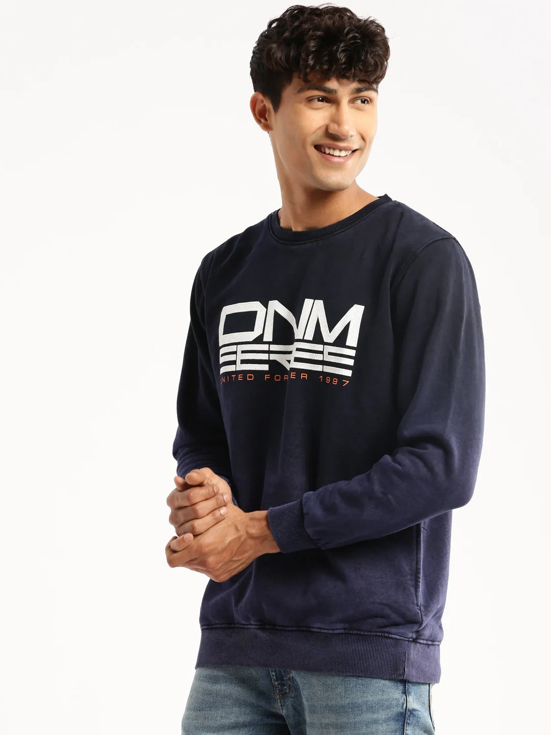 product skiing suitability Men's Navy Blue Typography Printed Cotton Slim Fit Pullover