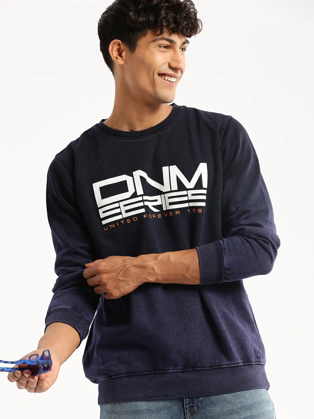 Men's Navy Blue Typography Printed Cotton Slim Fit Pullover Personalized