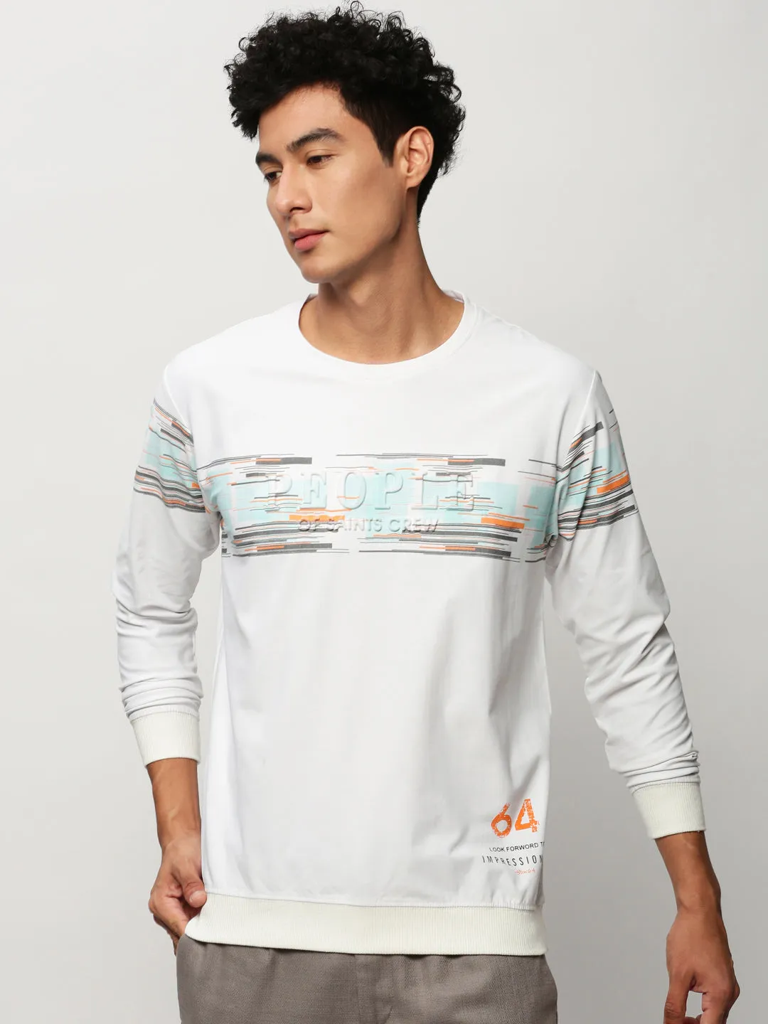 Sporty Look Men's White Round Neck Graphic Printed Cotton Sweatshirt