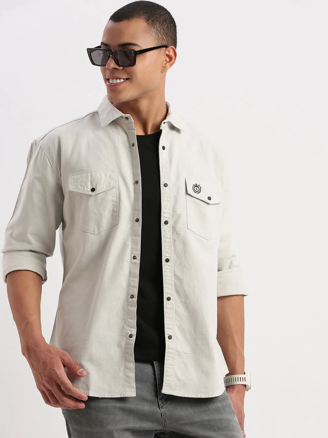 Men's Solid Grey Shirt Glow Up Casual Design