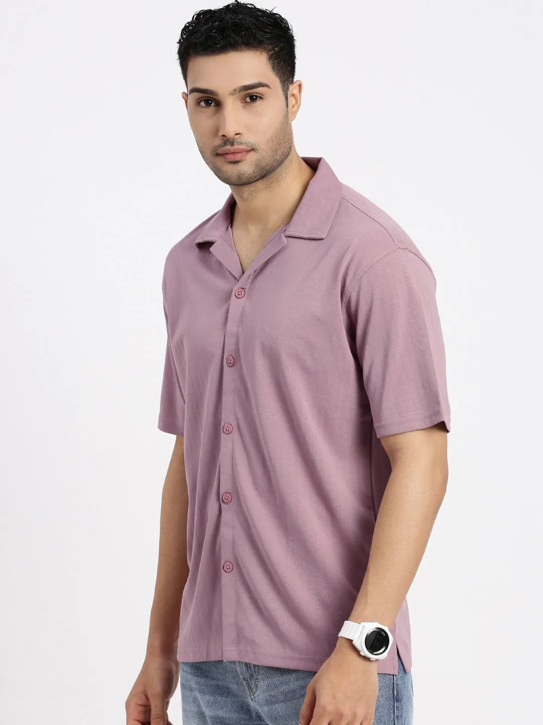 Global Cool Men's Mauve Cuban Collar Solid Casual Shirt