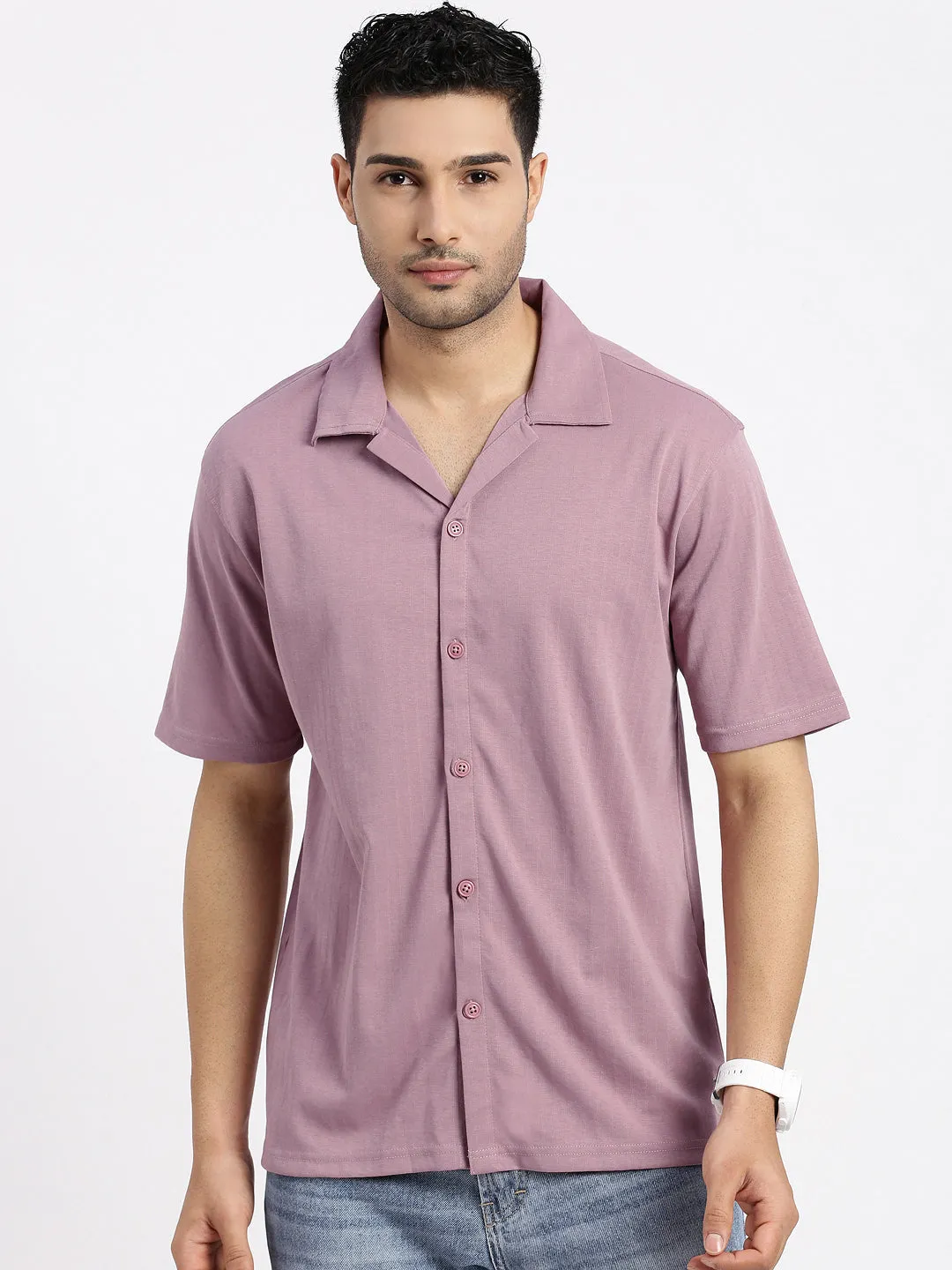 Relaxed Fit TagFreeDesign Men's Mauve Cuban Collar Solid Casual Shirt