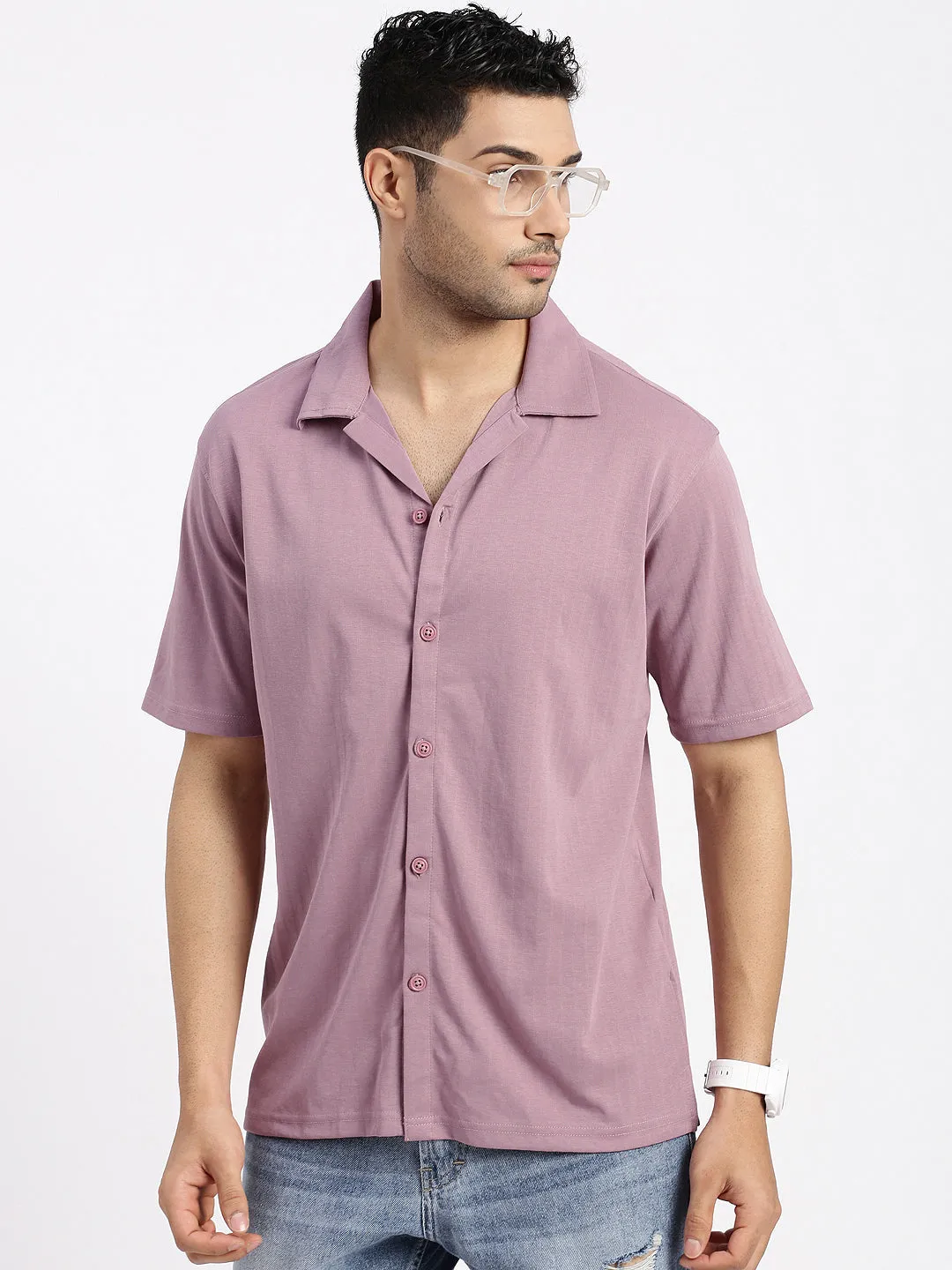 Model Glow Ventilated Back Panels Men's Mauve Cuban Collar Solid Casual Shirt