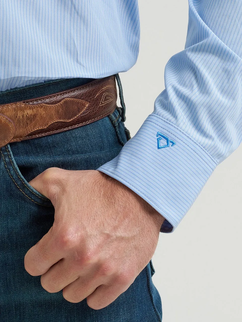 Wrangler Men's L/S Cody Johnson Button Down Shirt in Blue Stripe (Available in Tall Sizes) Wicking Interlock Knit