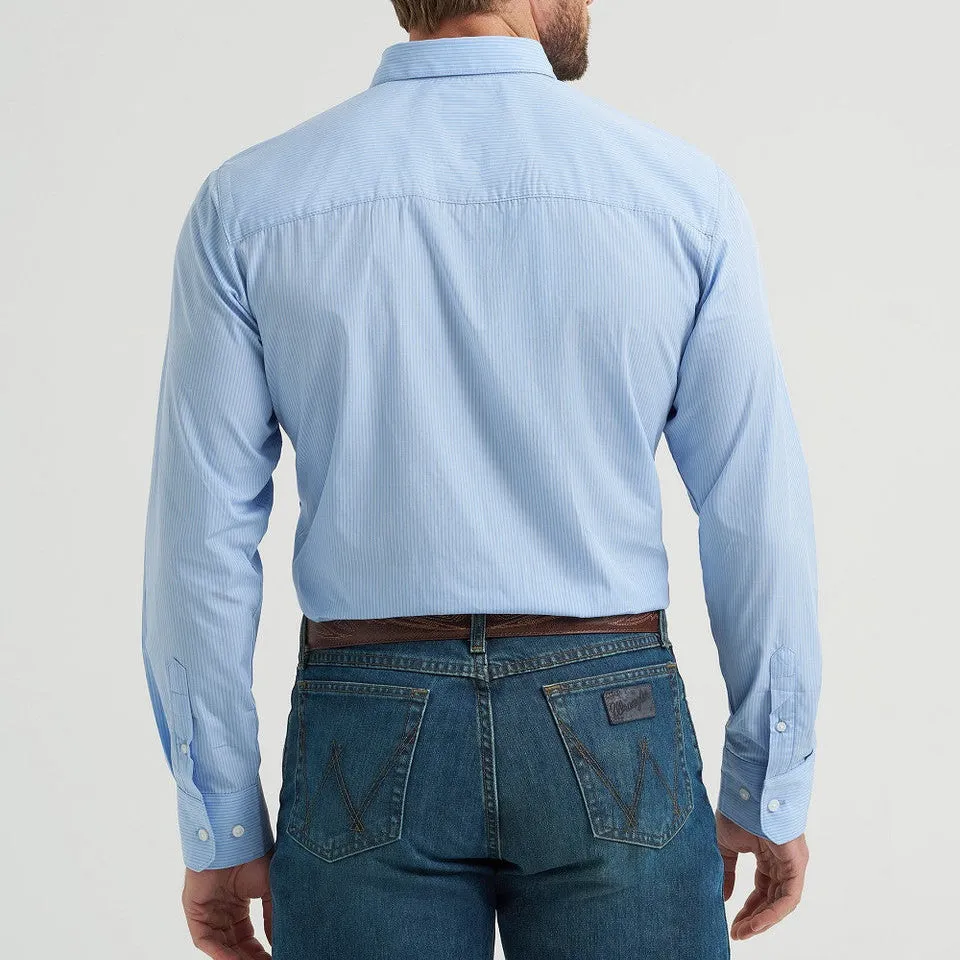 Unisex style Wrangler Men's L/S Cody Johnson Button Down Shirt in Blue Stripe (Available in Tall Sizes)
