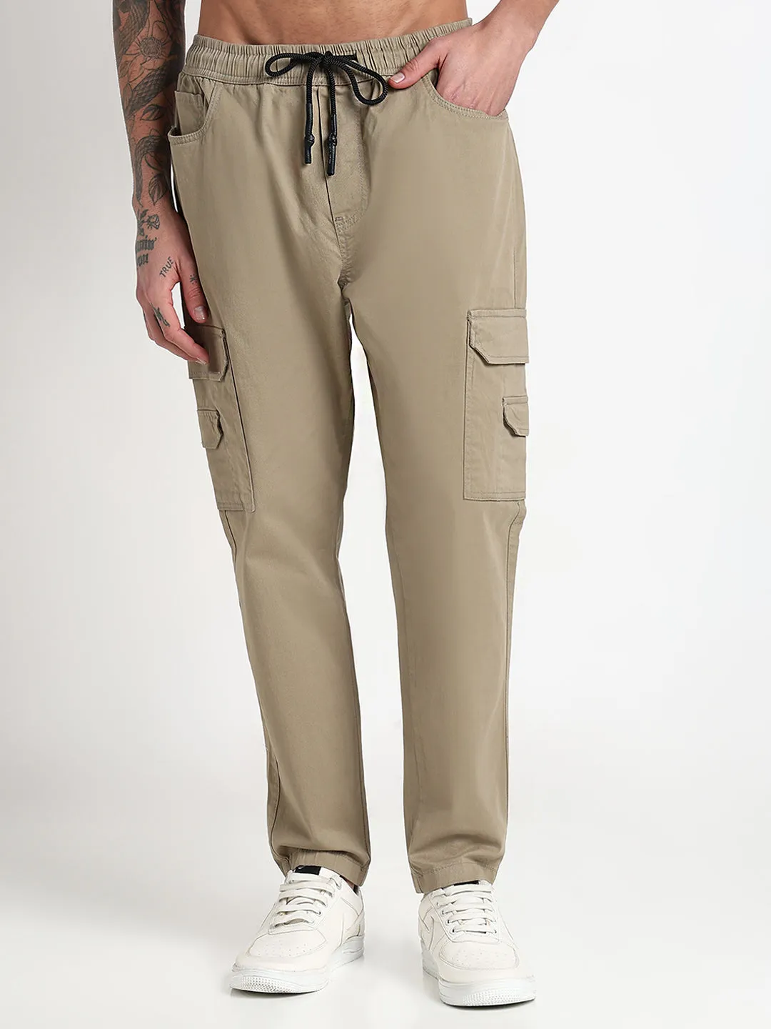 Eco Friendly Dye Process Men's Khaki Solid Cargo Drawstring Joggers