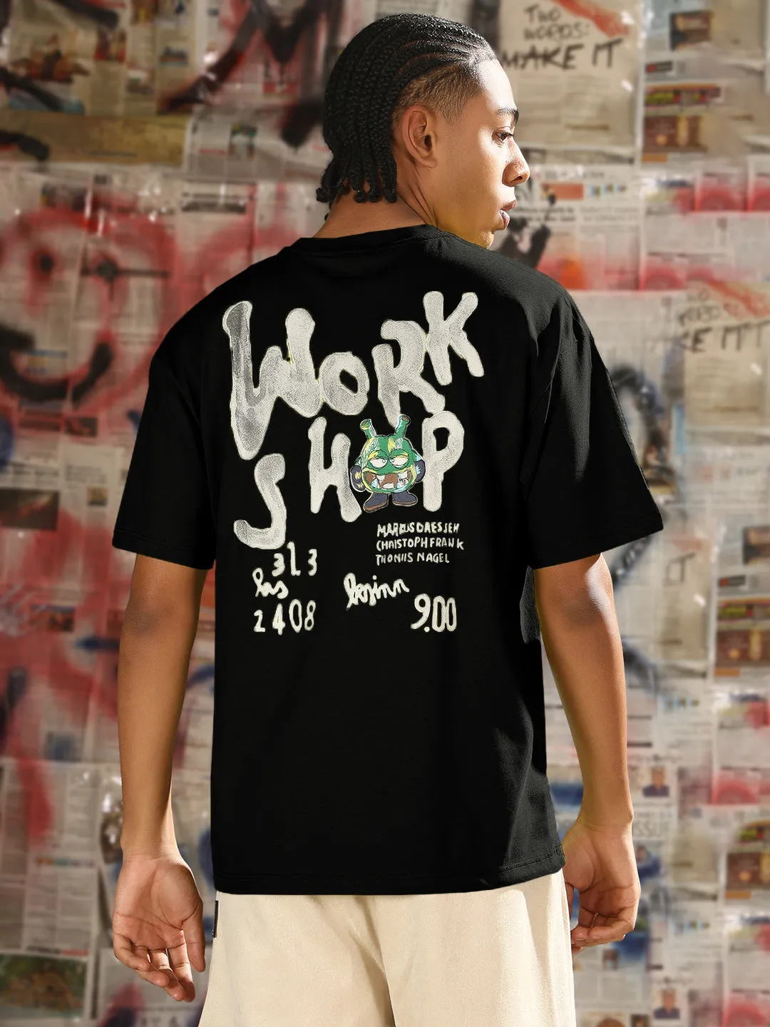 Men's Printed Black Relaxed Fit T-Shirt Campus Vibe AdjustableHemline