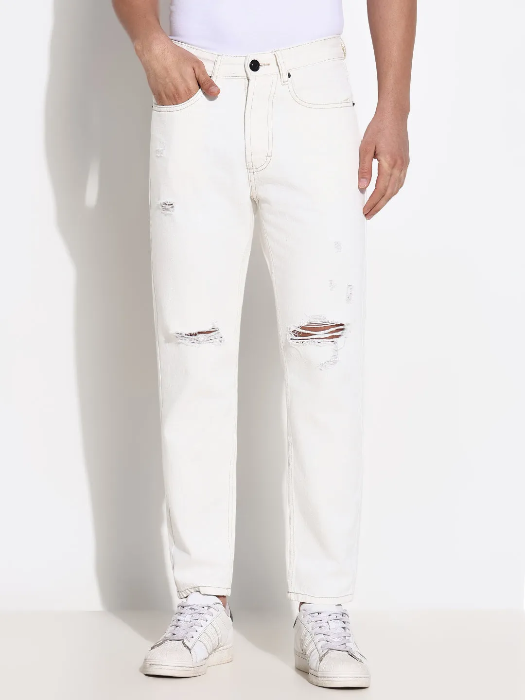 Sunny Vibes Casual All-Purpose Use Men's White Comfort Slim Fit Low-Rise Slash Knee Acid Wash Jeans