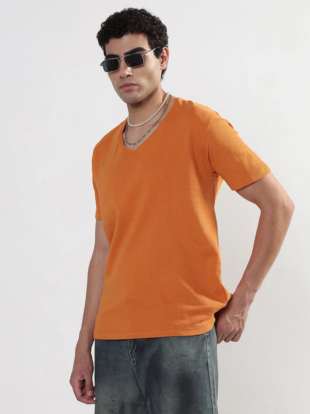 Comfortable Sleep Men's Orange V-Neck Regular Fit T-Shirt