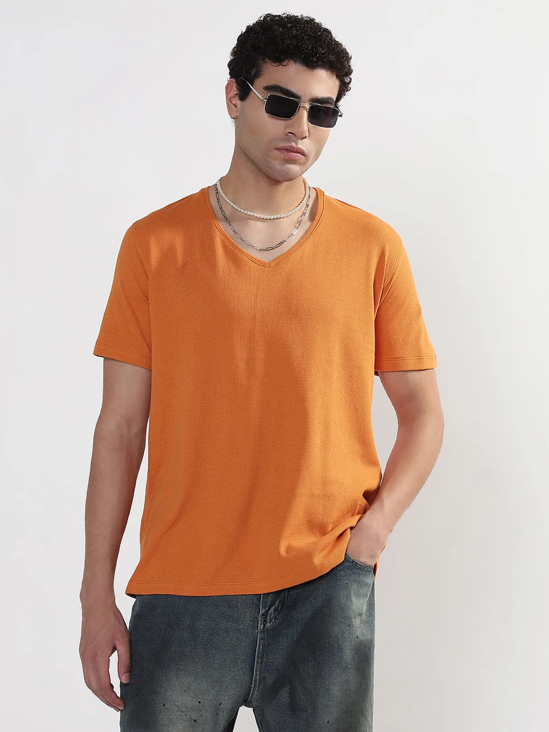 SeamlessFit Men's Orange V-Neck Regular Fit T-Shirt