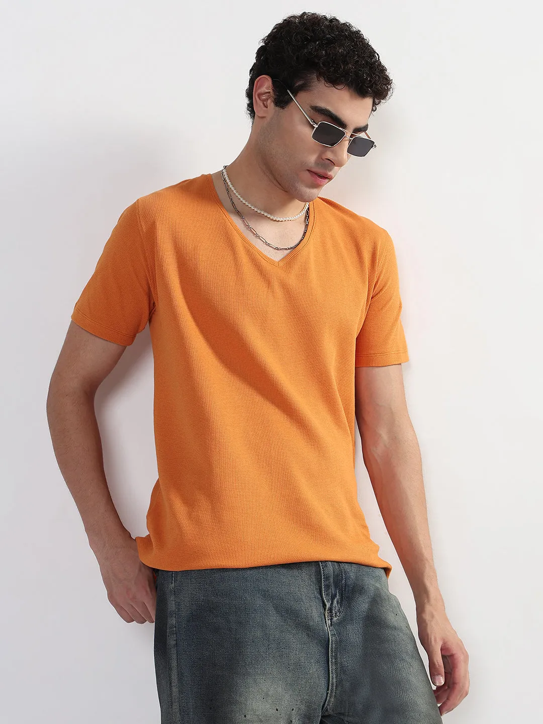 Men's Orange V-Neck Regular Fit T-Shirt AntiStaticMaterial
