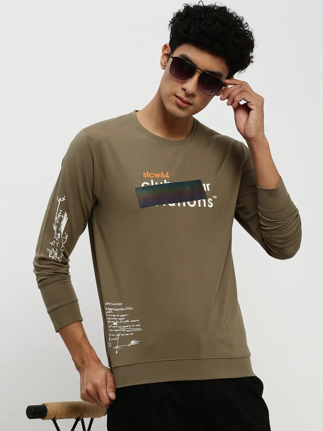 Men's Olive Printed Round Neck Cotton Sweatshirt Linen product pearl elegance