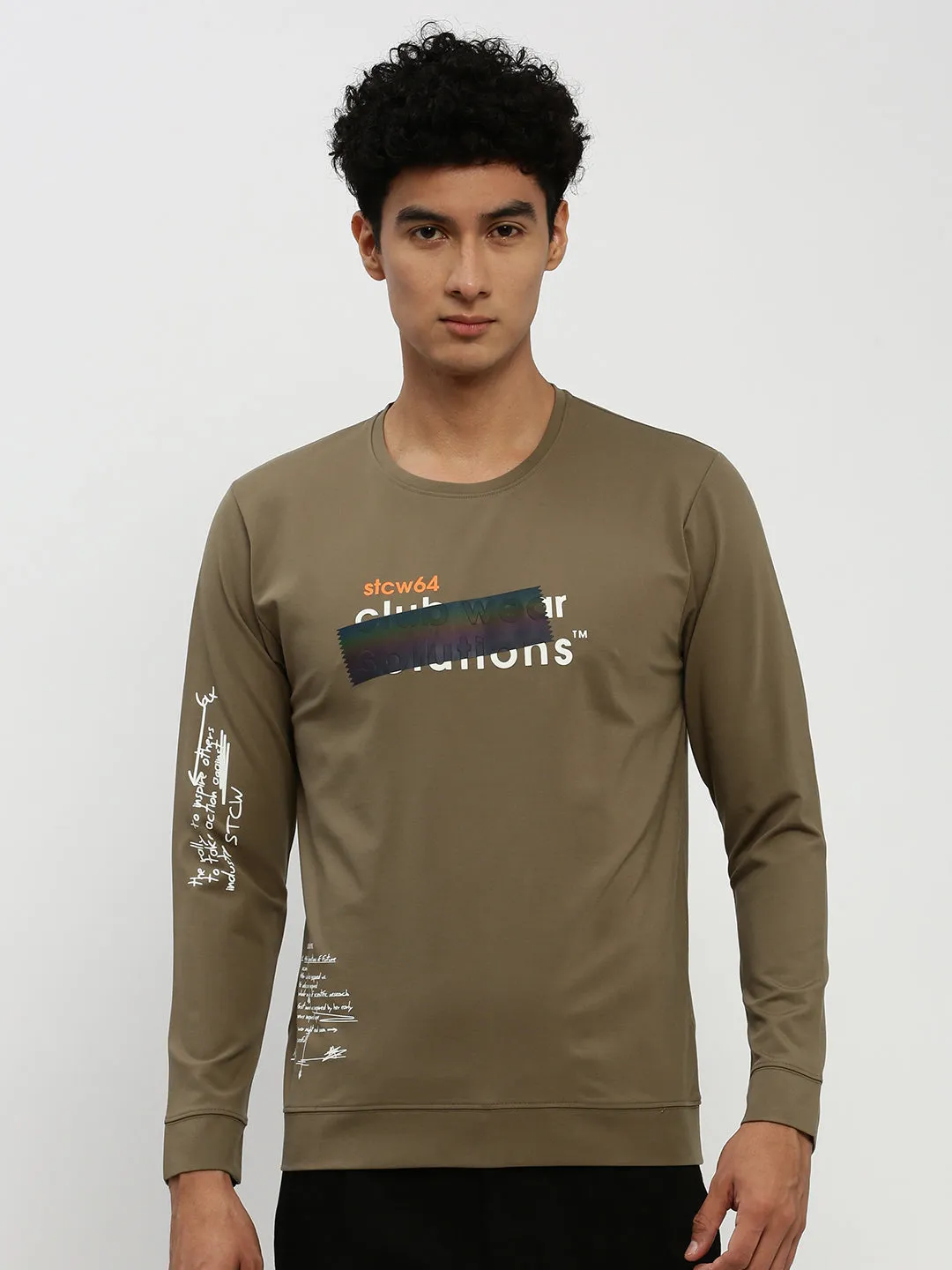 Fashionable Vibes Men's Olive Printed Round Neck Cotton Sweatshirt
