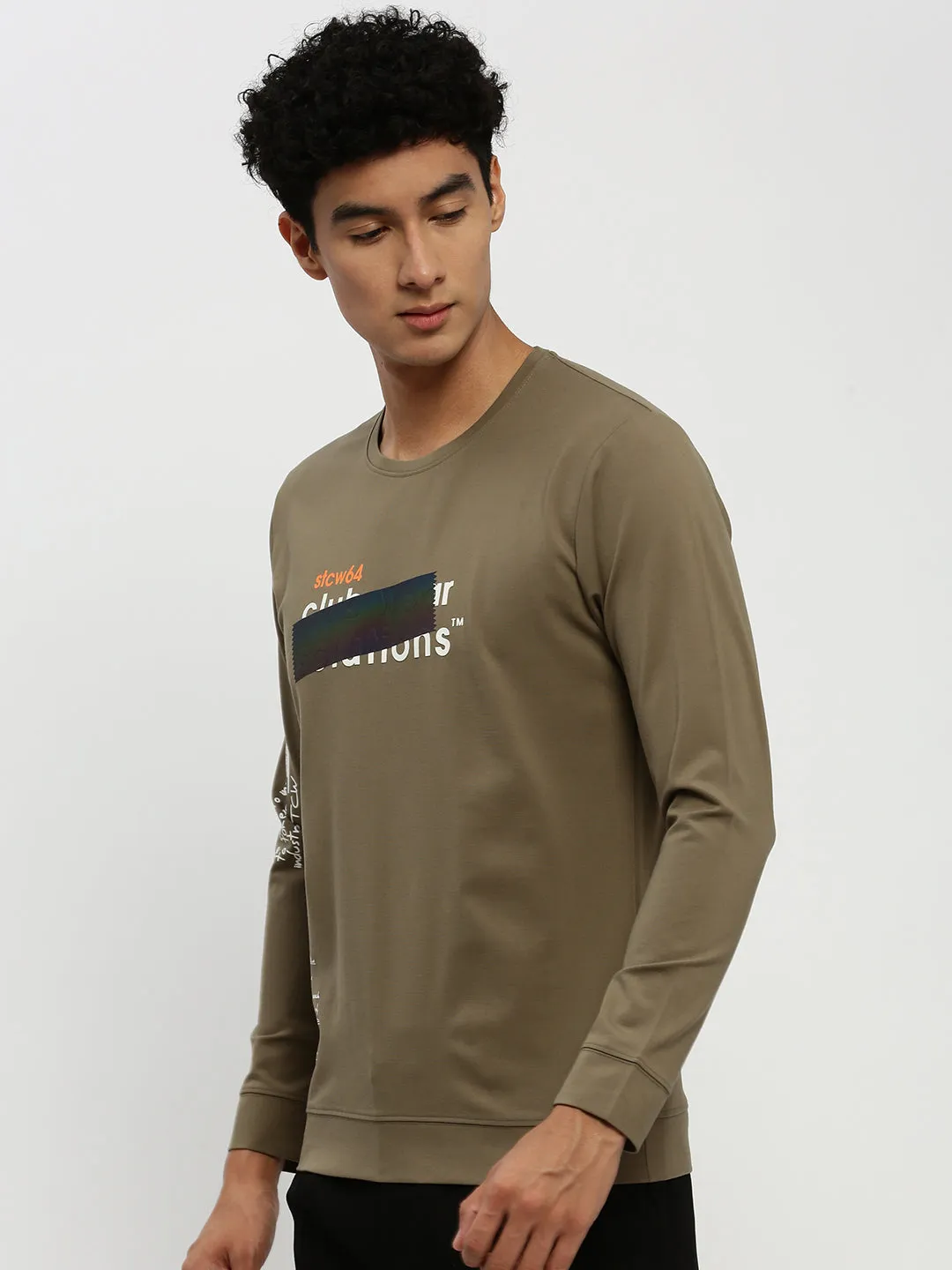 Sporty Look Warm Fashion Men's Olive Printed Round Neck Cotton Sweatshirt
