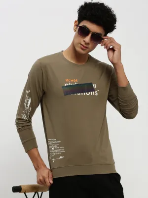 Men's Olive Printed Round Neck Cotton Sweatshirt Linen product pearl elegance