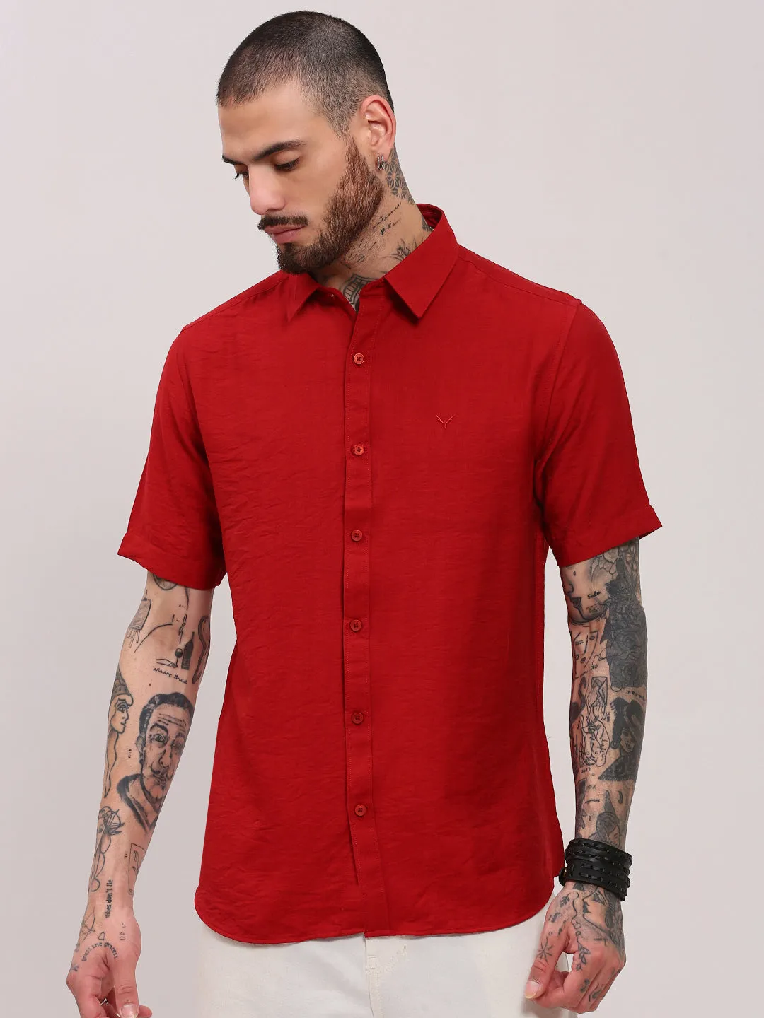 Warm Knit StretchableFabric Men's Red Solid Slim Fit Shirt