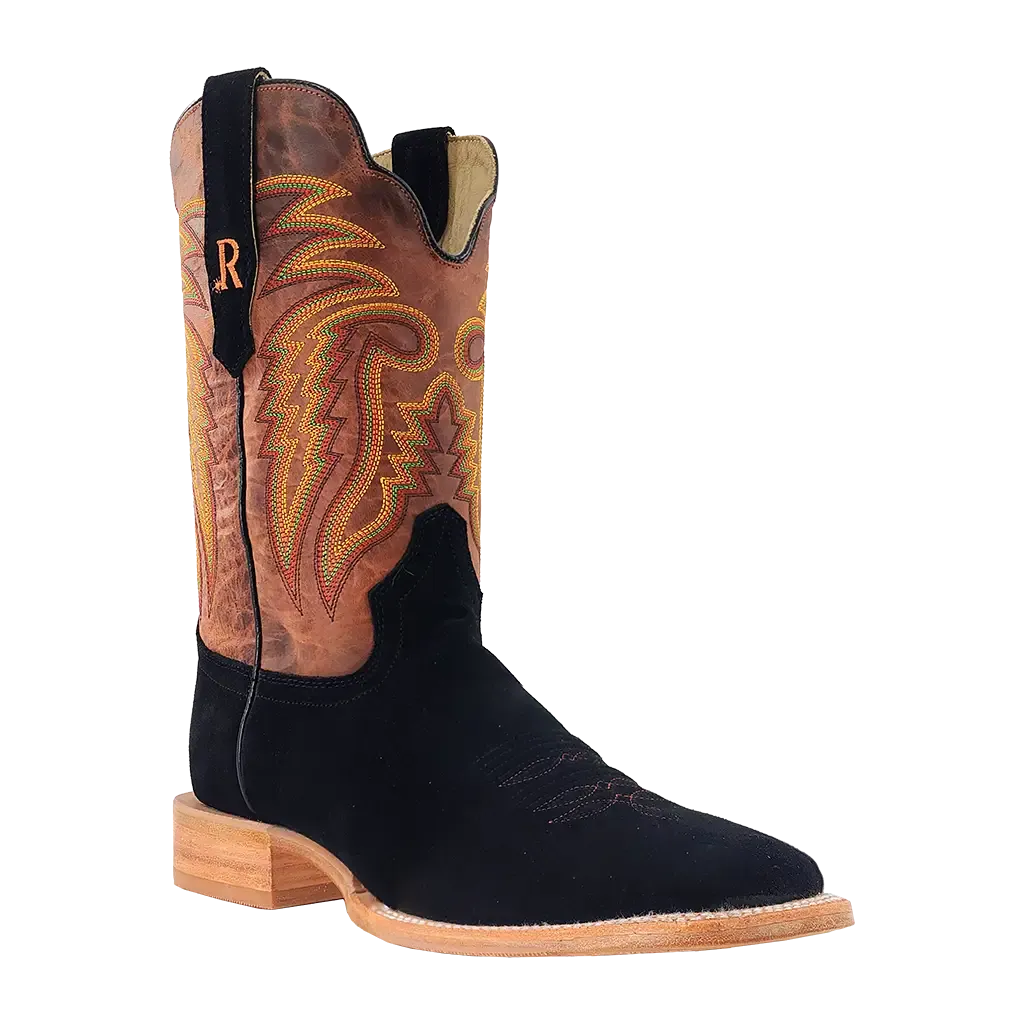 R. Watson Men's Roughout Wide Square Toe Western Boot in Black Comfortable Touch Sleek Outline