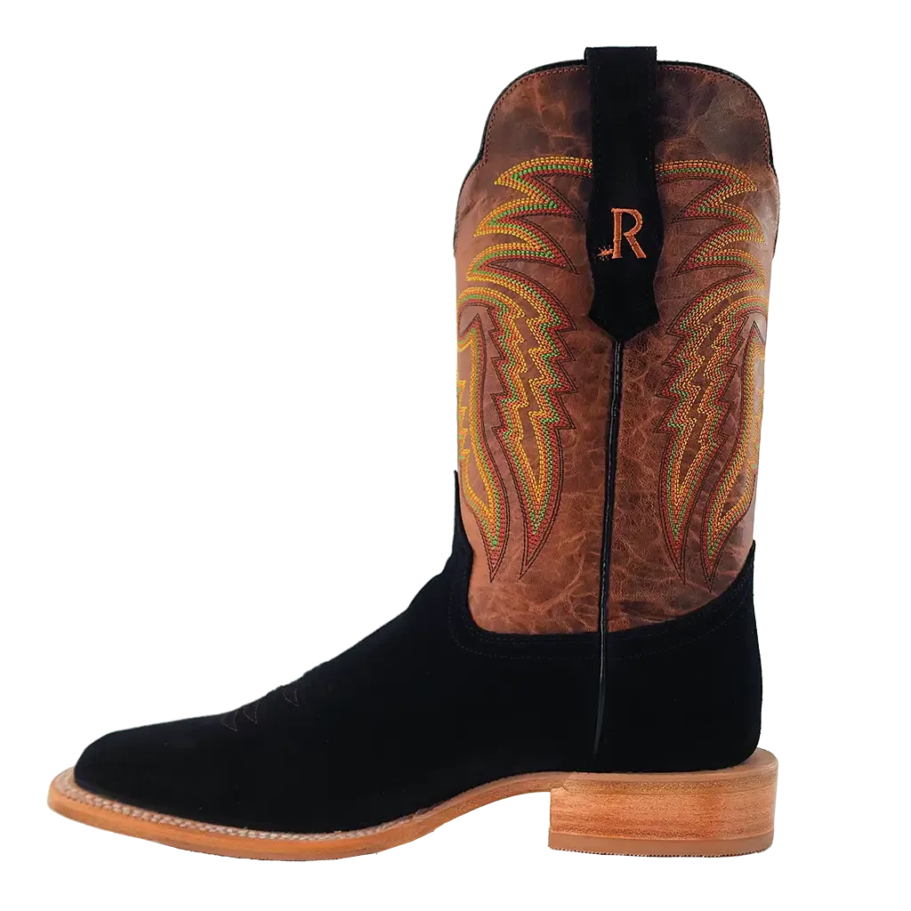R. Watson Men's Roughout Wide Square Toe Western Boot in Black Padded Tongue Matte Tone