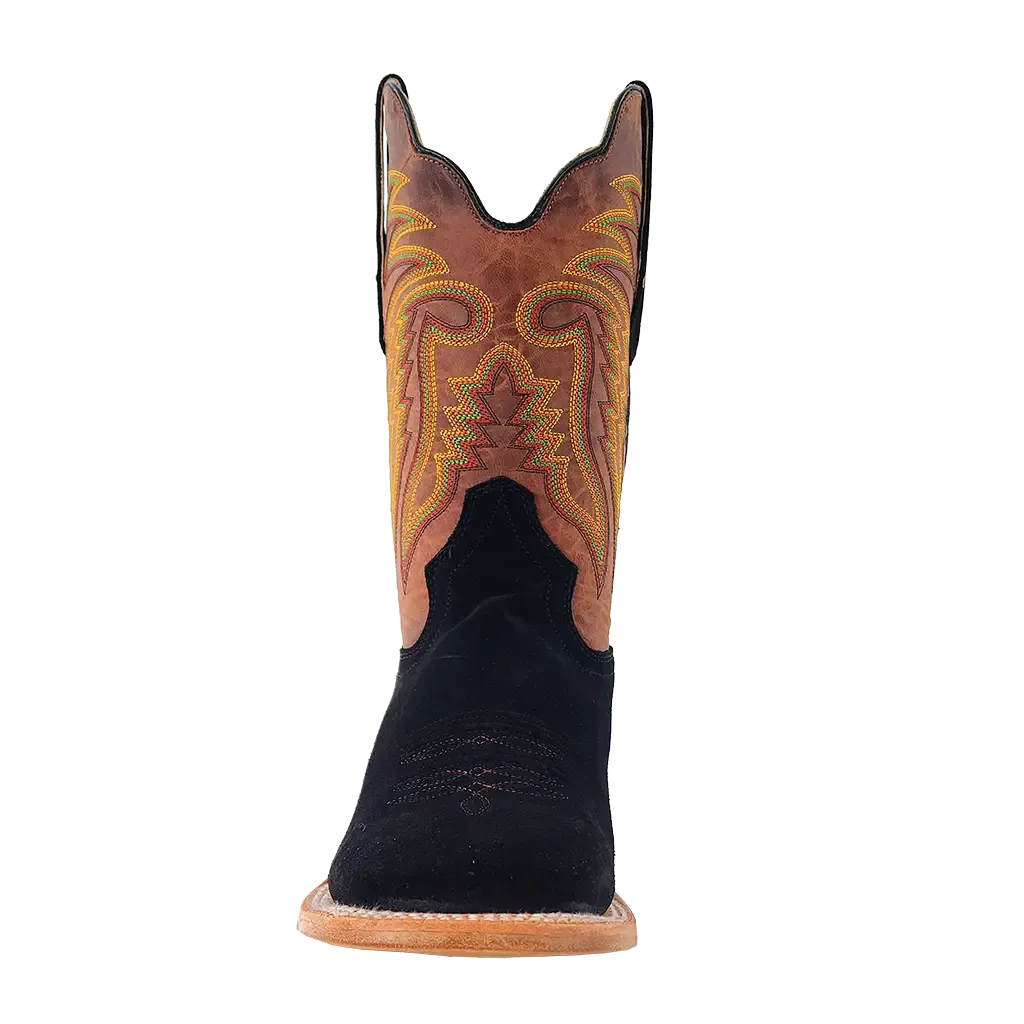 R. Watson Men's Roughout Wide Square Toe Western Boot in Black Low Profile Night Travel